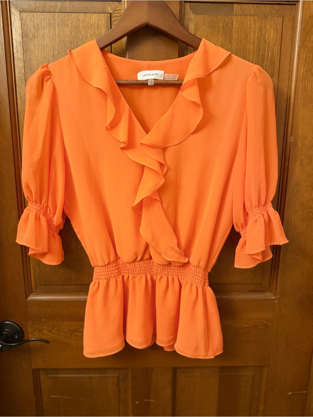 Calvin Klein Bright Orange Ruffle-Front Peplum Blouse